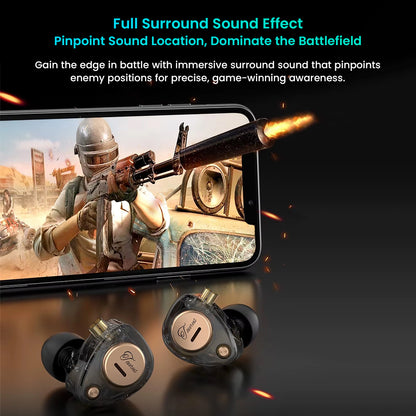 In-ear headphones with a smartphone displaying a battle scene, emphasizing sound effect features.