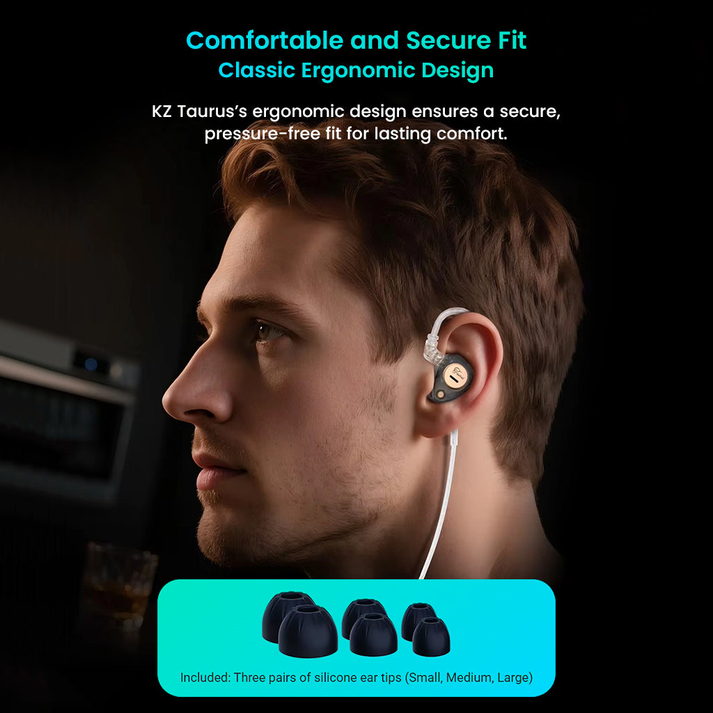 Man wearing earphones with text about ergonomic design and included ear tips.