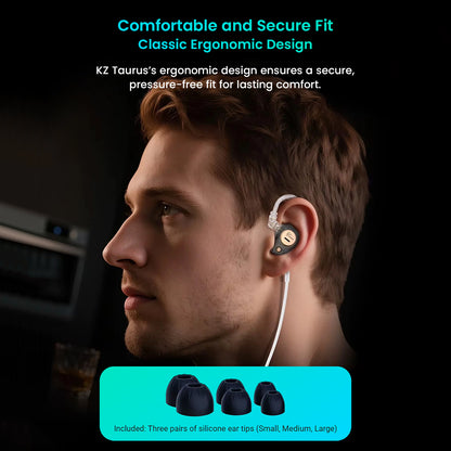 Man wearing earphones with text about ergonomic design and included ear tips.