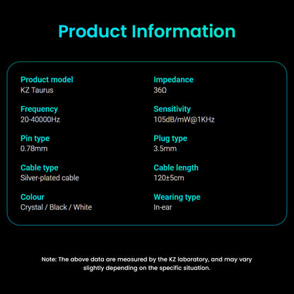 Product information table for KZ Taurus earbuds on a black background