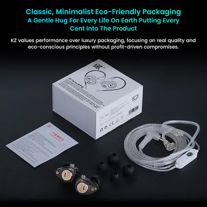 KZ earphone packaging with accessories on a dark background