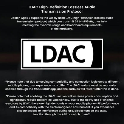 LDAC protocol support in MOONDROP Golden Ages 2 TWS earbuds enables 24bit/96kHz lossless audio for enhanced sound quality and detail.