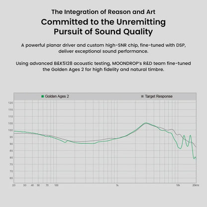Golden Ages 2 frequency response graph tuned by MOONDROP R&D team using B&K5128 for high-fidelity sound and natural timbre.