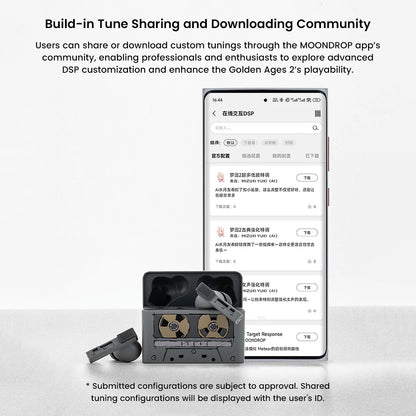 Golden Ages 2 TWS earbuds support community-based DSP tuning sharing via MOONDROP app for enhanced customization and user collaboration.