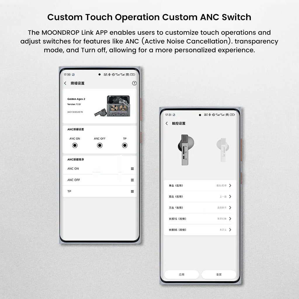 MOONDROP Golden Ages 2 TWS earphones shown with custom ANC switch settings via mobile app for personalized audio control.