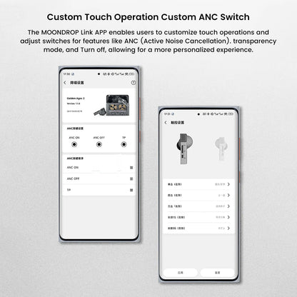 MOONDROP Golden Ages 2 TWS earphones shown with custom ANC switch settings via mobile app for personalized audio control.