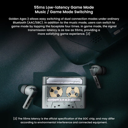 MOONDROP Golden Ages 2 TWS earbuds with retro-style case, highlighting 55ms low-latency game mode and dual connection support.