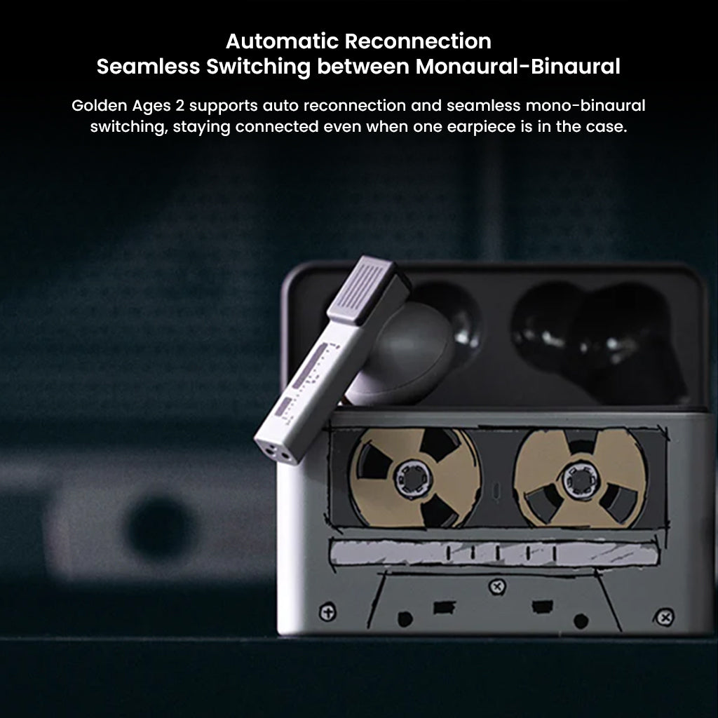 MOONDROP Golden Ages 2 TWS earbuds in retro cassette-style case, featuring automatic reconnection and mono-binaural switching.