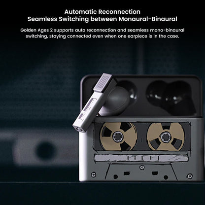 MOONDROP Golden Ages 2 TWS earbuds in retro cassette-style case, featuring automatic reconnection and mono-binaural switching.