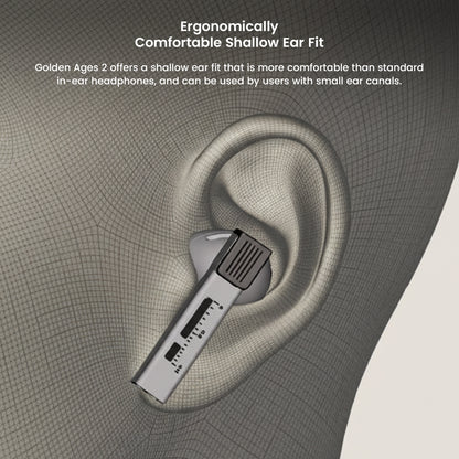 Close-up of MOONDROP Golden Ages 2 earbud in ear, showing ergonomic shallow fit ideal for users with small ear canals.