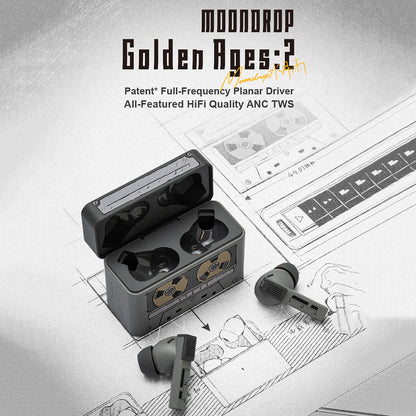 MOONDROP Golden Ages 2 Hi-Fi ANC TWS earbuds featuring full-frequency planar drivers and vintage-inspired design for premium audio performance.