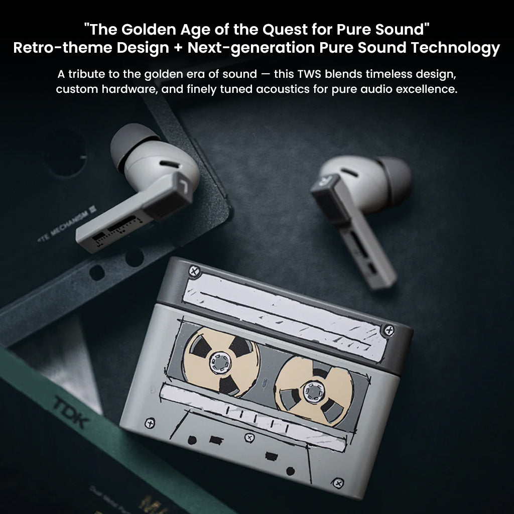 Golden Ages 2 TWS earbuds by MOONDROP showcasing retro-themed design and next-gen planar magnetic sound technology for audiophiles.