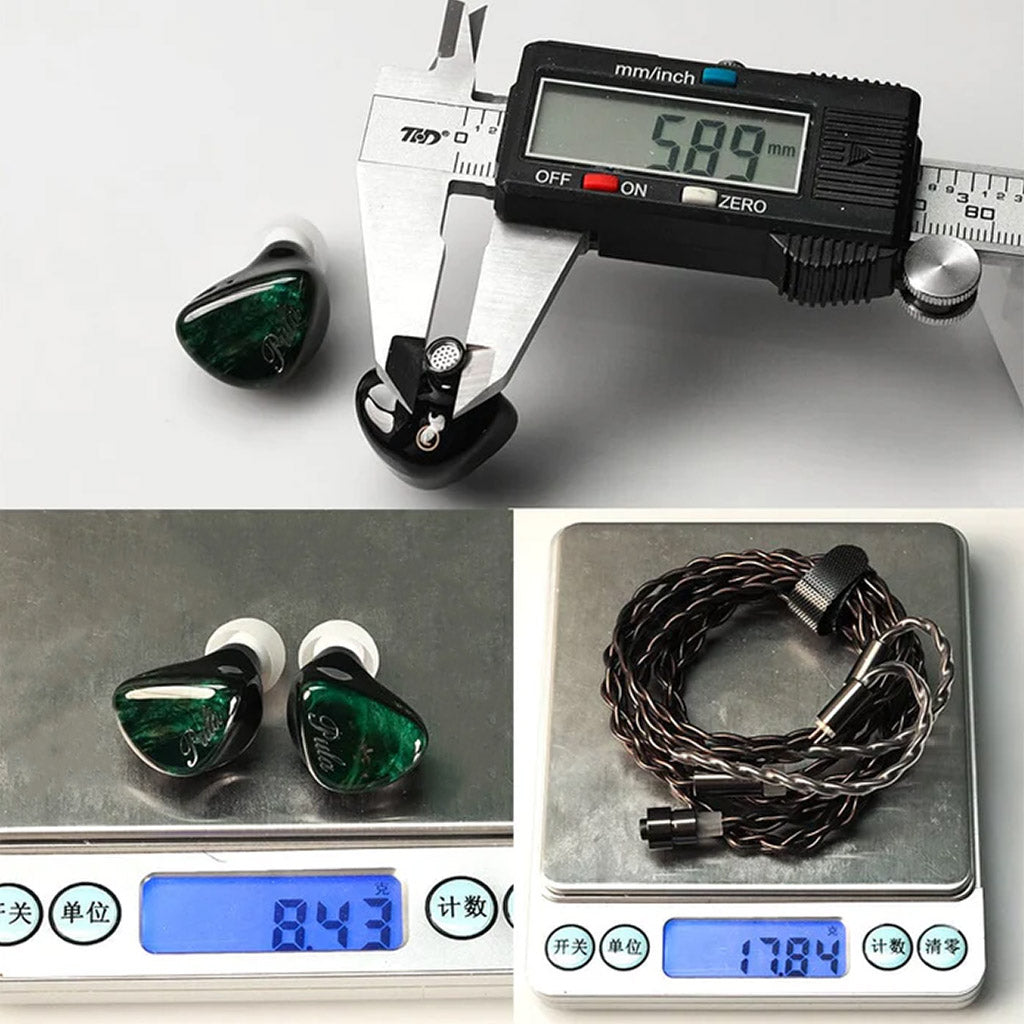 Measurement and weight details of PULA Unicrom IEM and cable, emphasizing compact size and lightweight build.