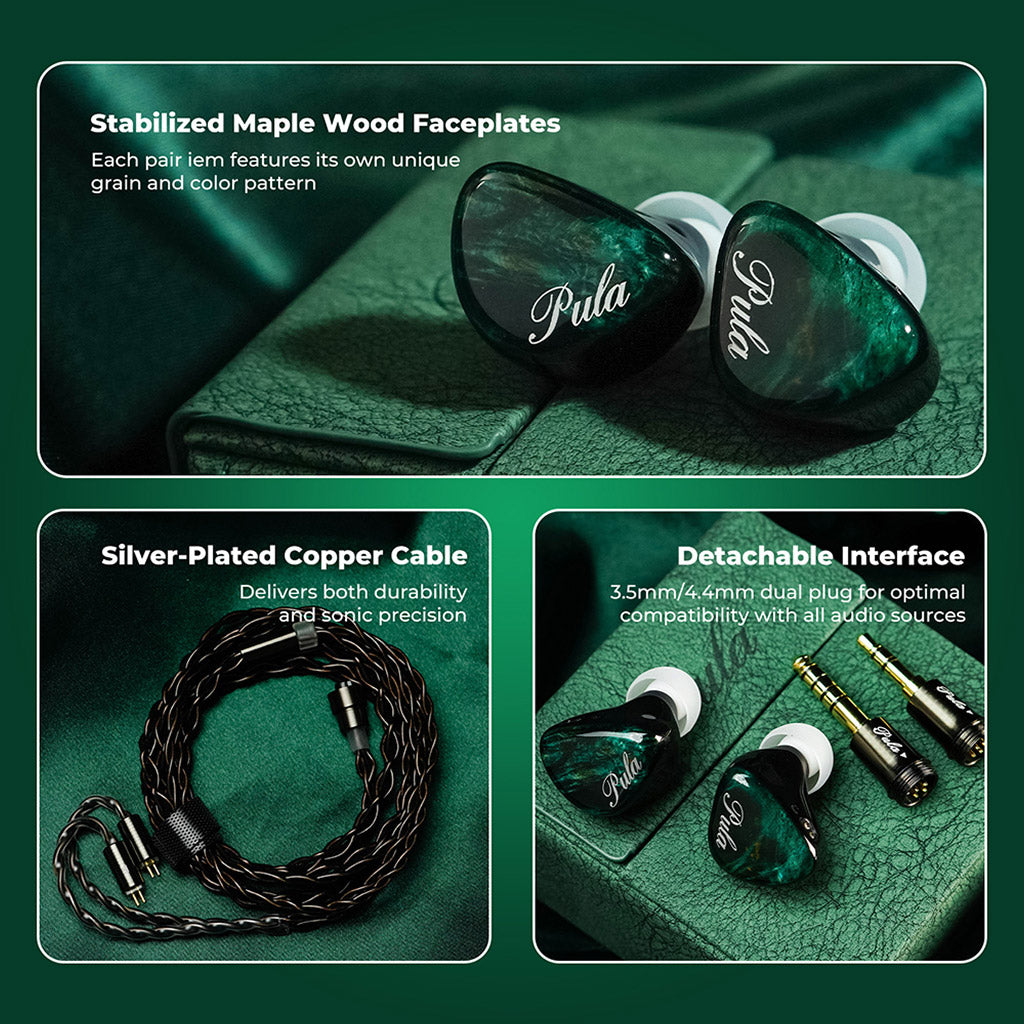 Close-up of PULA Unicrom IEM features including maple wood faceplates, silver-plated copper cable, and dual plug compatibility.