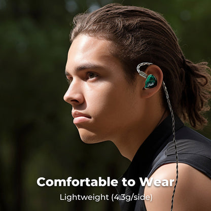 Man wearing PULA Unicrom IEM in green, emphasizing lightweight 4.3g design and ergonomic fit for extended listening comfort.