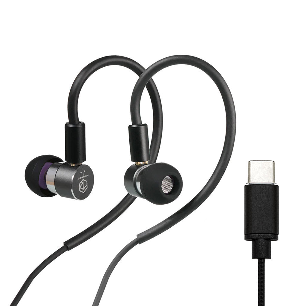Black Photon Pro IEM with USB Type-C connector, combining ergonomic design with HD sound for versatile use.