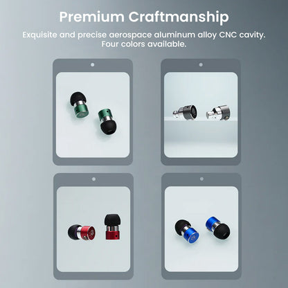 Premium craftsmanship of Photon Pro IEM shown in four color variants, made with aerospace aluminum alloy CNC cavity.
