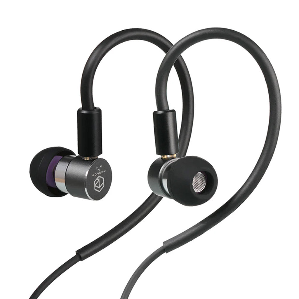 Black Photon Pro IEM with purple accent and HD 8mm driver, designed for clean sound and secure in-ear fit.