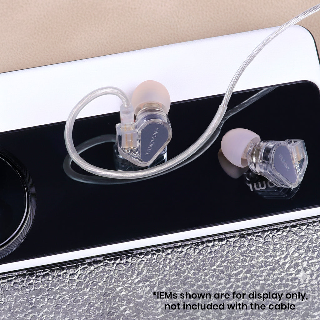 TANCHJIM - Bunny Replacement Cable shown connected to IEMs, demonstrating compatibility and ergonomic fit for in-ear monitors.