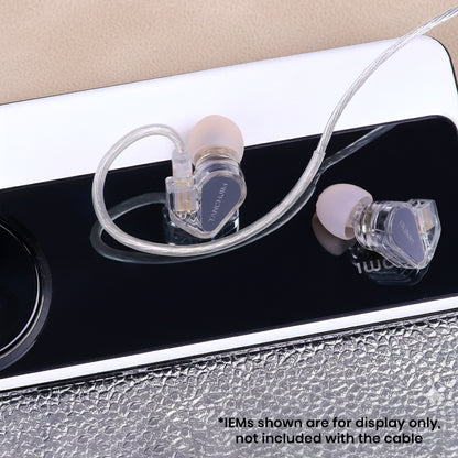 TANCHJIM - Bunny Replacement Cable shown connected to IEMs, demonstrating compatibility and ergonomic fit for in-ear monitors.