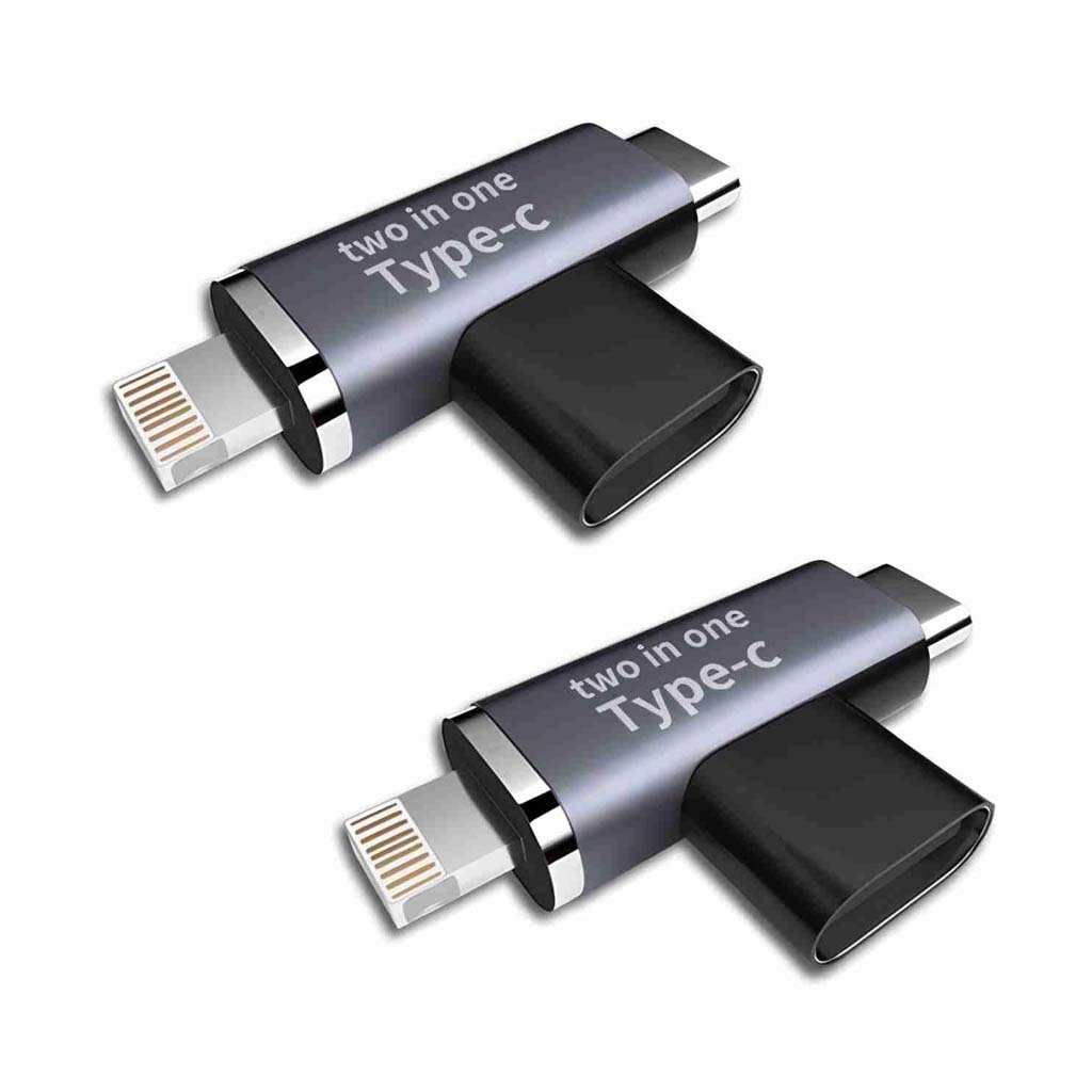 Dual pack of TECPHILE 2-in-1 USB-C and Lightning adapters, ideal for charging iPhones, iPads, and Type-C devices with wide compatibility.