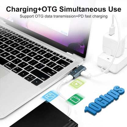 TECPHILE 2-in-1 USB C adapter in use with a laptop, supporting simultaneous OTG data transfer and 100W PD fast charging.