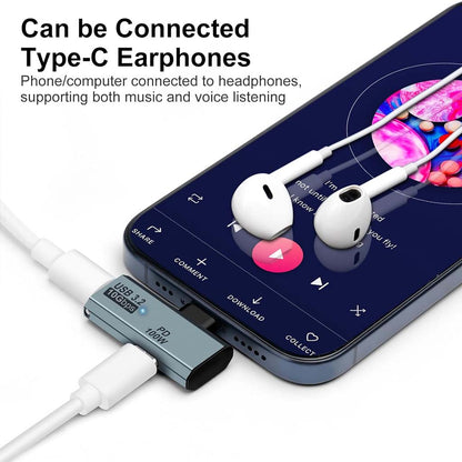 TECPHILE USB C adapter connected to smartphone with Type-C earphones, supporting music and voice listening functionality.