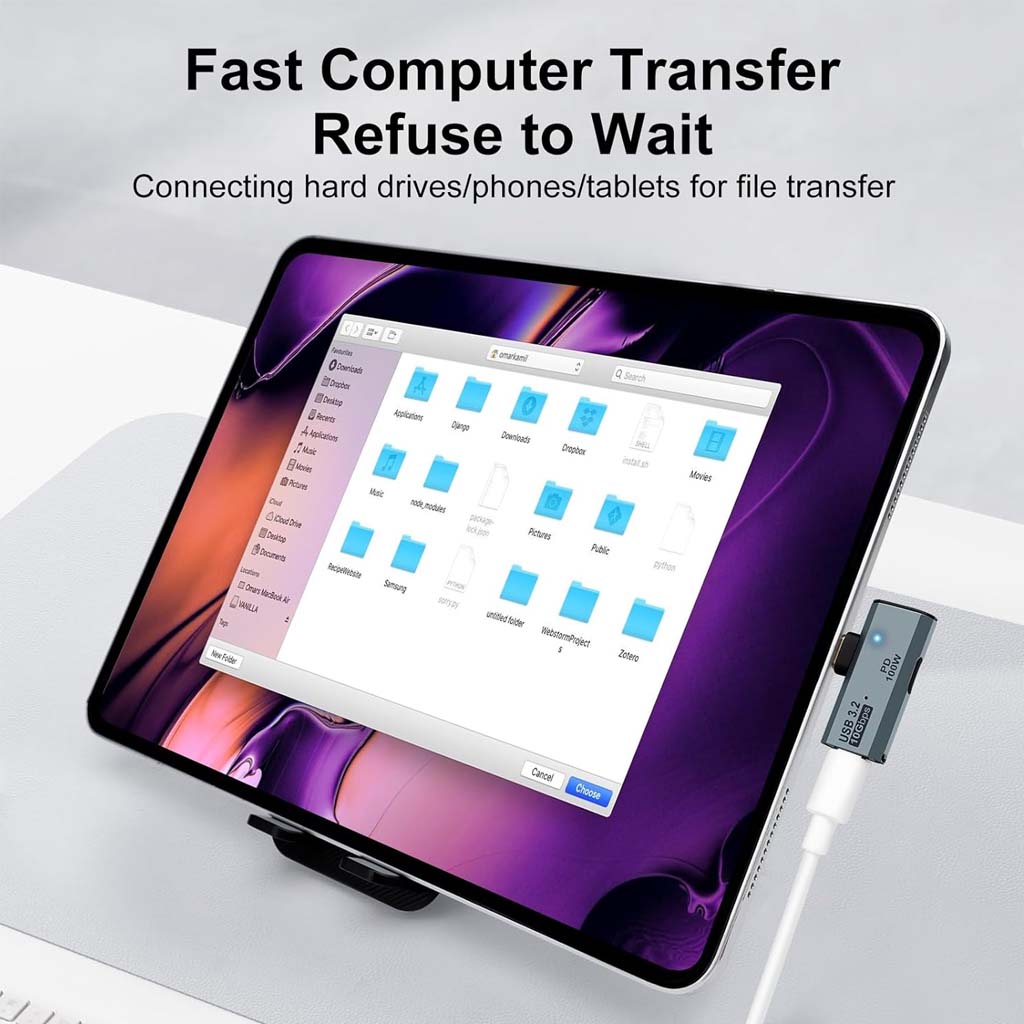 TECPHILE USB C adapter connected to tablet for high-speed file transfer, showcasing 10Gbps data transmission efficiency.