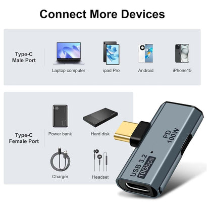 TECPHILE USB C adapter compatibility chart showing connection with laptops, tablets, smartphones, and accessories like chargers and hard drives.