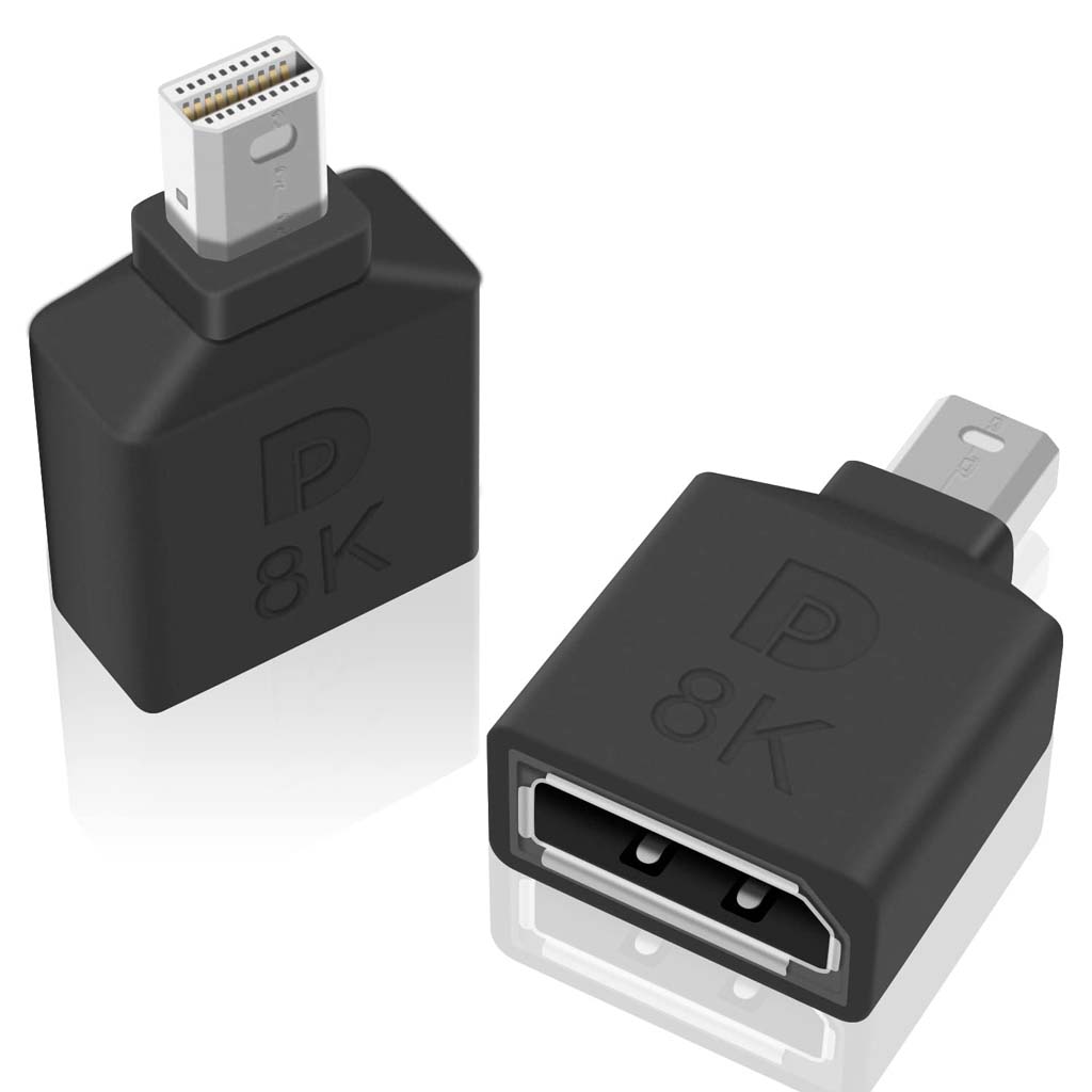 Front and angled views of TECPHILE Mini DP Adapter showcasing DisplayPort 8K support and durable black housing for high-performance video output.