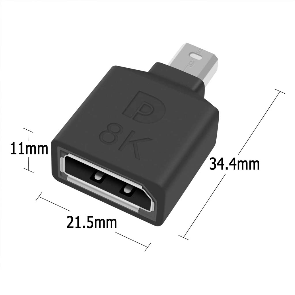 TECPHILE Mini DP Adapter dimensions: 34.4mm length, 21.5mm width, and 11mm height, designed for compact and efficient 8K video connectivity.