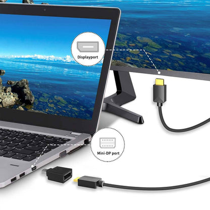 Laptop connected to monitor using TECPHILE Mini DP to DisplayPort Adapter, demonstrating seamless 8K video transmission for work or gaming setups.