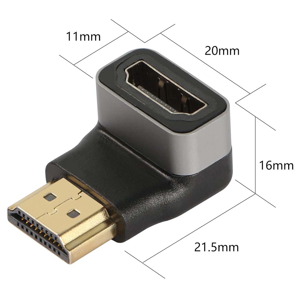 Detailed dimensions of TECPHILE 4K HDMI right angle adapter for precise fitting in compact or tight installation areas.