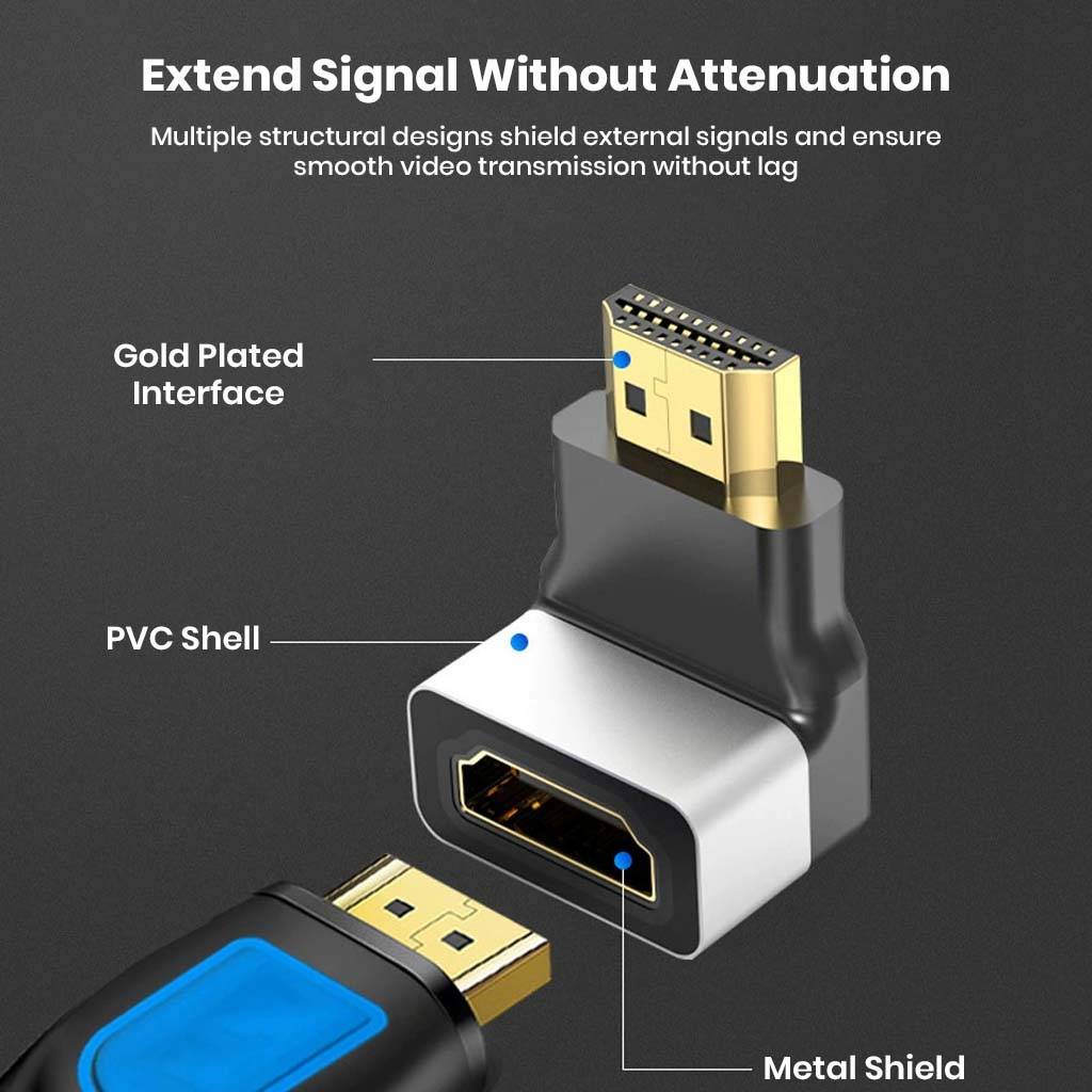 Internal structure of TECPHILE 4K HDMI adapter highlighting gold-plated interface, PVC shell, and metal shield for lag-free signal.
