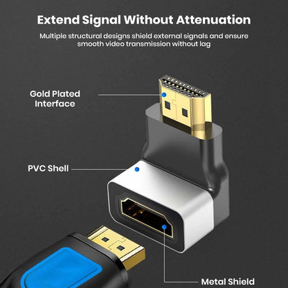 Internal structure of TECPHILE 4K HDMI adapter highlighting gold-plated interface, PVC shell, and metal shield for lag-free signal.