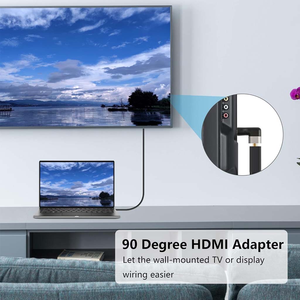 TECPHILE 90° HDMI adapter used with wall-mounted TV and laptop for easier cable management and cleaner setup.