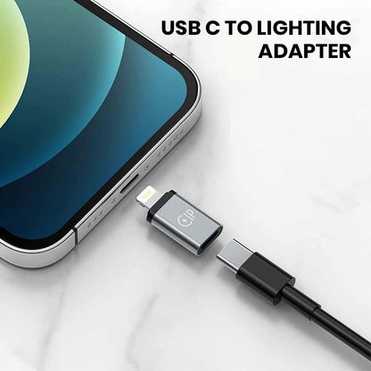 TECPHILE USB-C to Lightning adapter connected to iPhone, enabling 20W fast charging and 480Mbps data transfer with sleek, compact build.