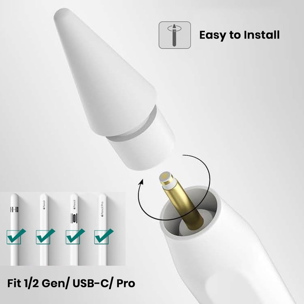TECPHILE Replacement Nibs for Apple Pencil showing easy installation and compatibility with 1st Gen, 2nd Gen, USB-C, and Pro models.