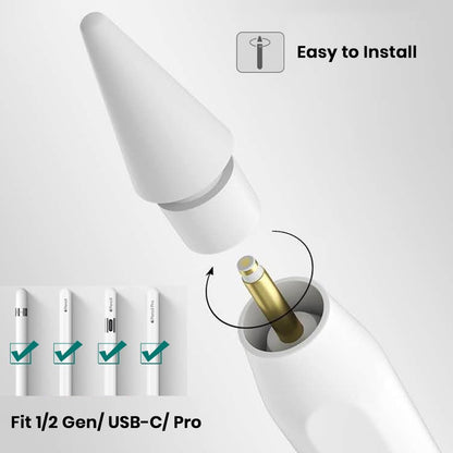 TECPHILE Replacement Nibs for Apple Pencil showing easy installation and compatibility with 1st Gen, 2nd Gen, USB-C, and Pro models.