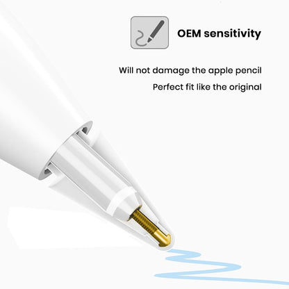 Close-up of TECPHILE Pencil Nib highlighting OEM sensitivity and perfect fit for Apple Pencil without damaging the tip or screen.