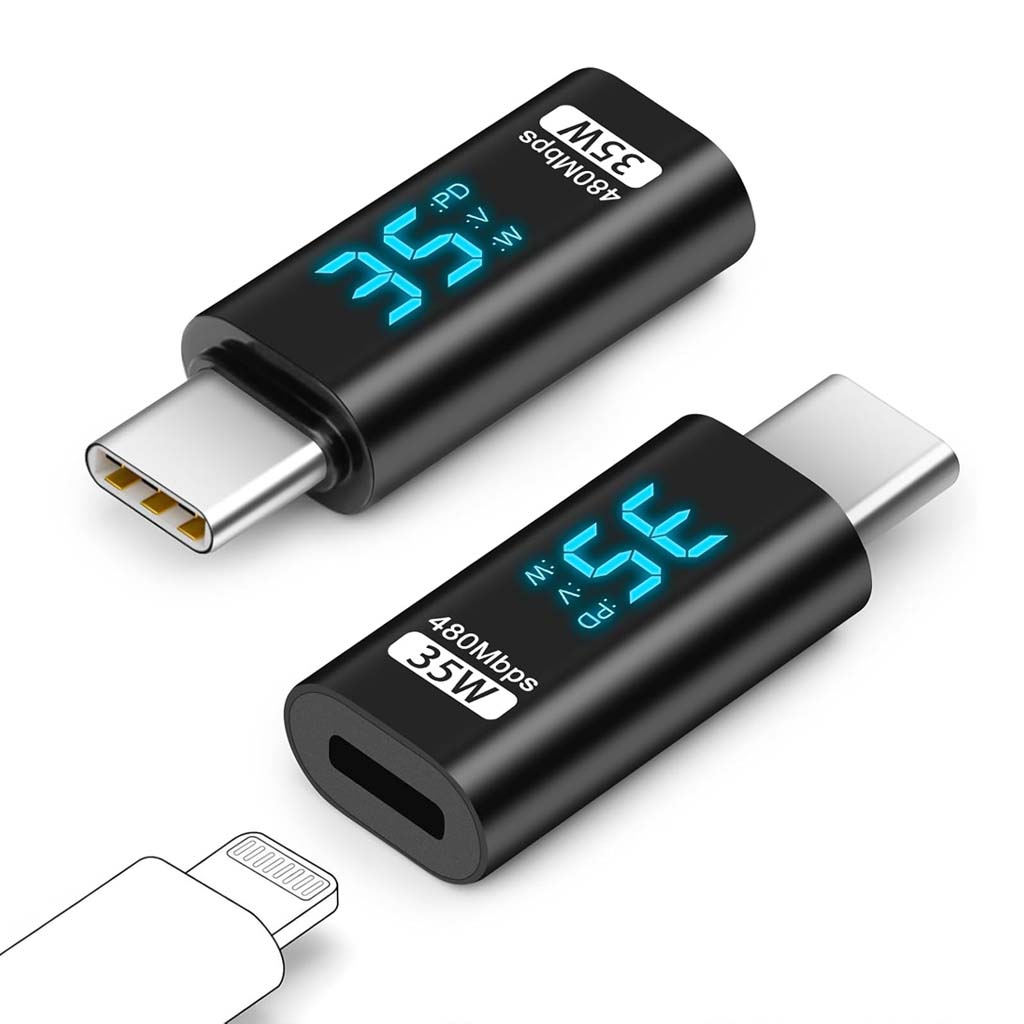 Dual view of TECPHILE 35W Type-C to Lightning adapter showing male USB-C and female Lightning ports with 480Mbps data speed.