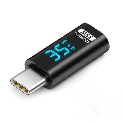Close-up of TECPHILE 35W Type-C to Lightning adapter with illuminated digital display, designed for fast charging and data sync.