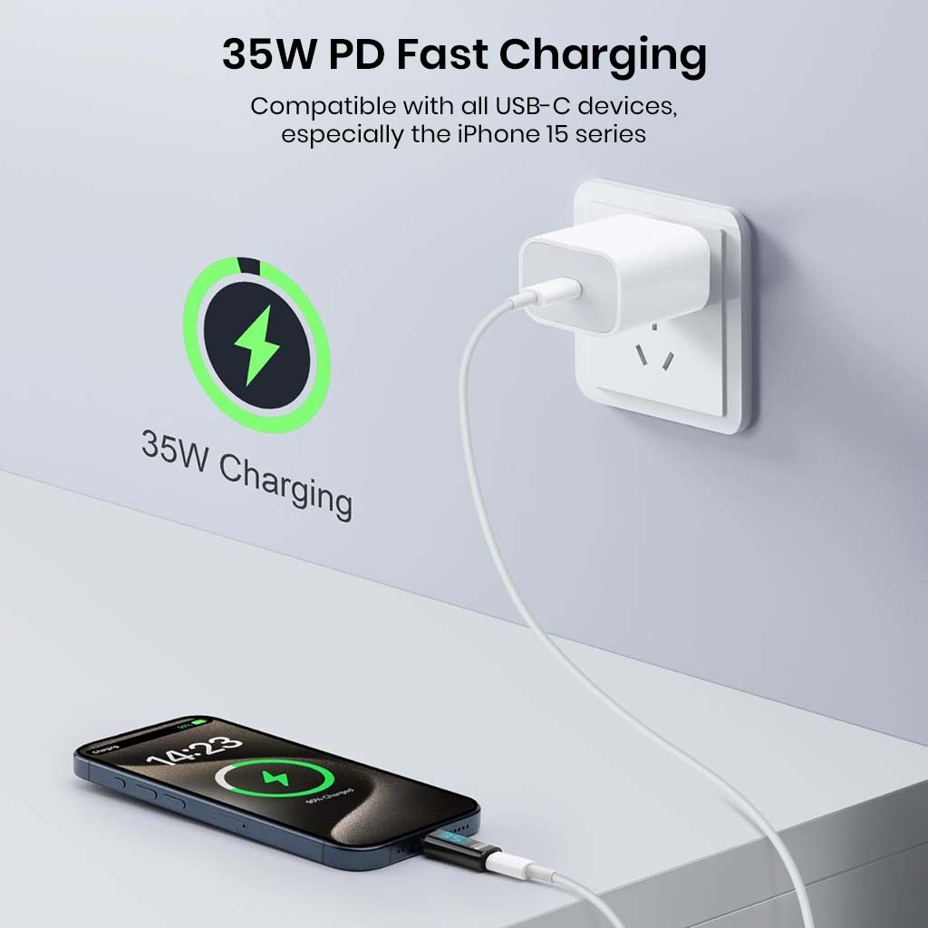 TECPHILE 35W Type-C to Lightning adapter charging iPhone 15 with 35W PD fast charging via wall socket, compatible with USB-C devices.