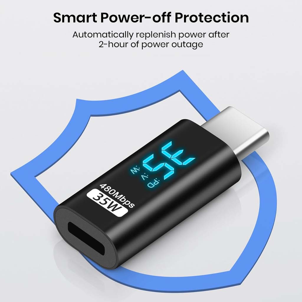 TECPHILE adapter with smart power-off protection feature and 35W fast charging, ensuring safe and efficient power delivery.