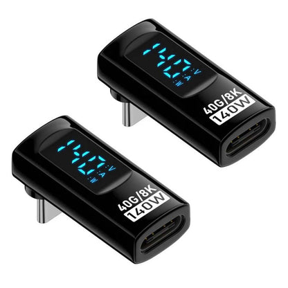 Set of two TECPHILE 140W USB-C adapters with digital display, 40Gbps speed, and 8K video compatibility for multitasking users.