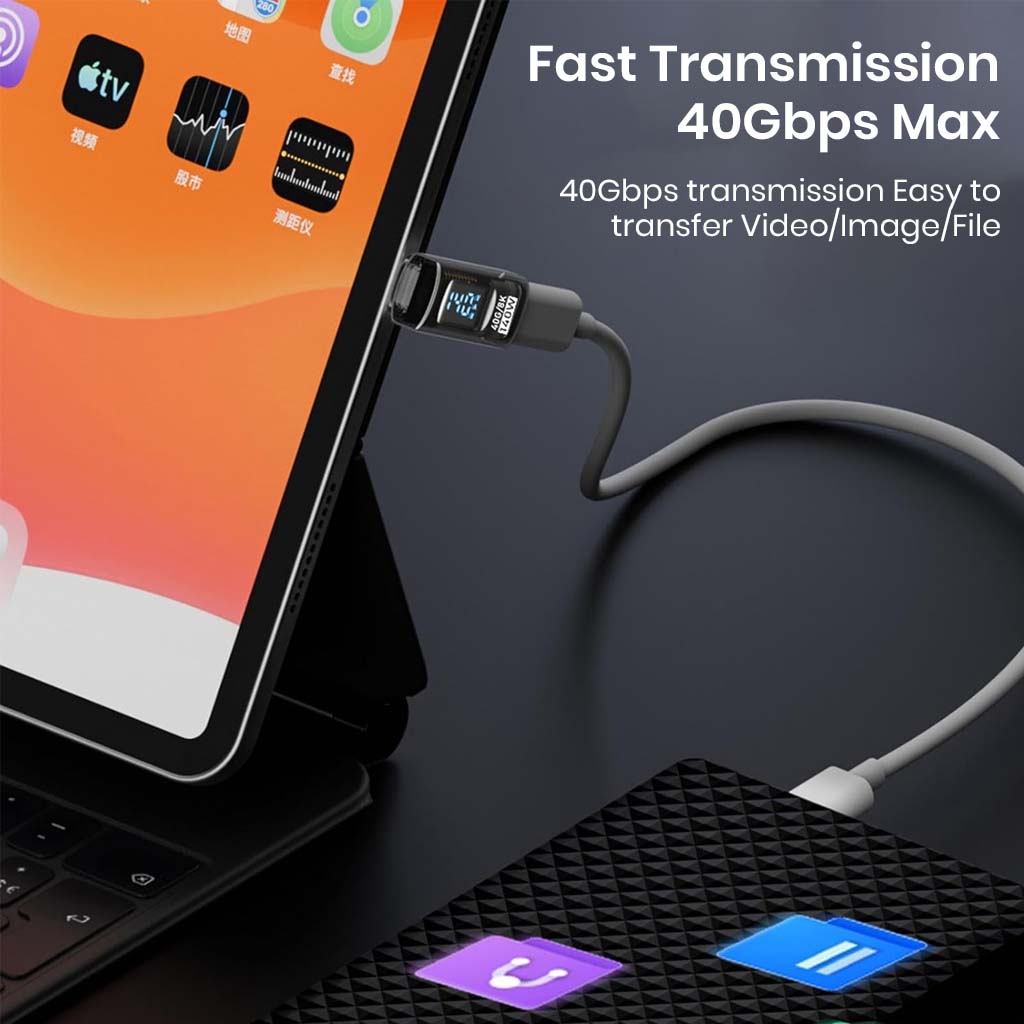 TECPHILE 140W USB-C adapter connected to tablet, showcasing 40Gbps fast data transfer for video, image, and file sharing.