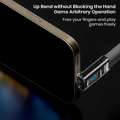 TECPHILE USB-C adapter plugged into smartphone with up-bend design, enabling comfortable gaming without hand obstruction.