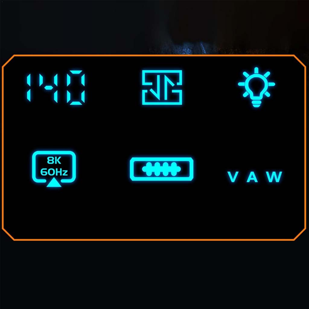Digital display interface of TECPHILE adapter showing 140W, 8K 60Hz, voltage, current, and power indicators.