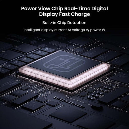 Close-up of TECPHILE adapter's internal chip with real-time digital display for voltage, current, and power detection.