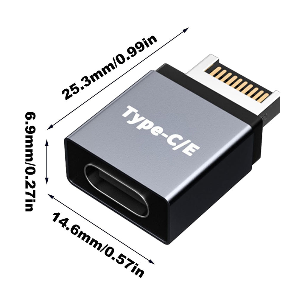 Close-up of TECPHILE USB Type-E to USB-C adapter with dimensions labeled, showcasing its compact and portable size.